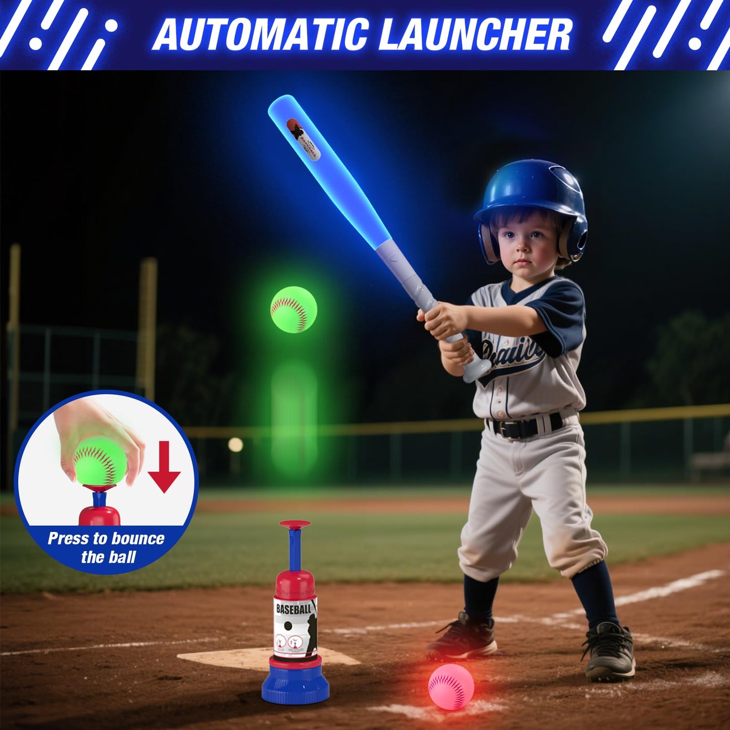 HYES 3-in-1 LED Baseball Set for Kids 3-5 | Adjustable Tee, Ball Launcher, Indoor/Outdoor
