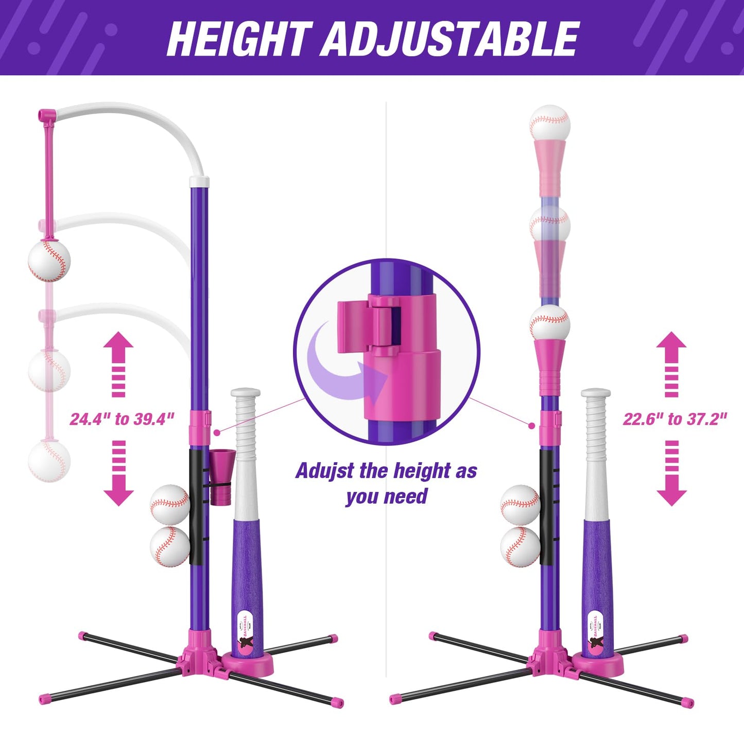 HYES Baseball Set: 3 Ways to Play, Adjustable Height, Safe & Sturdy