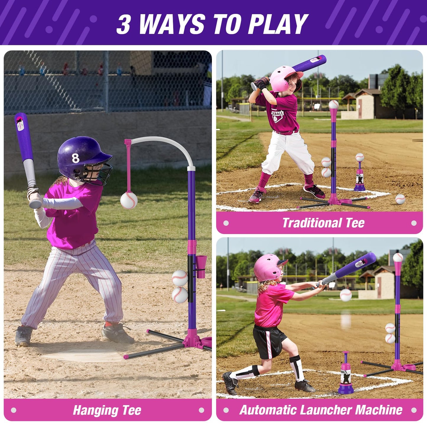 HYES Baseball Set: 3 Ways to Play, Adjustable Height, Safe & Sturdy