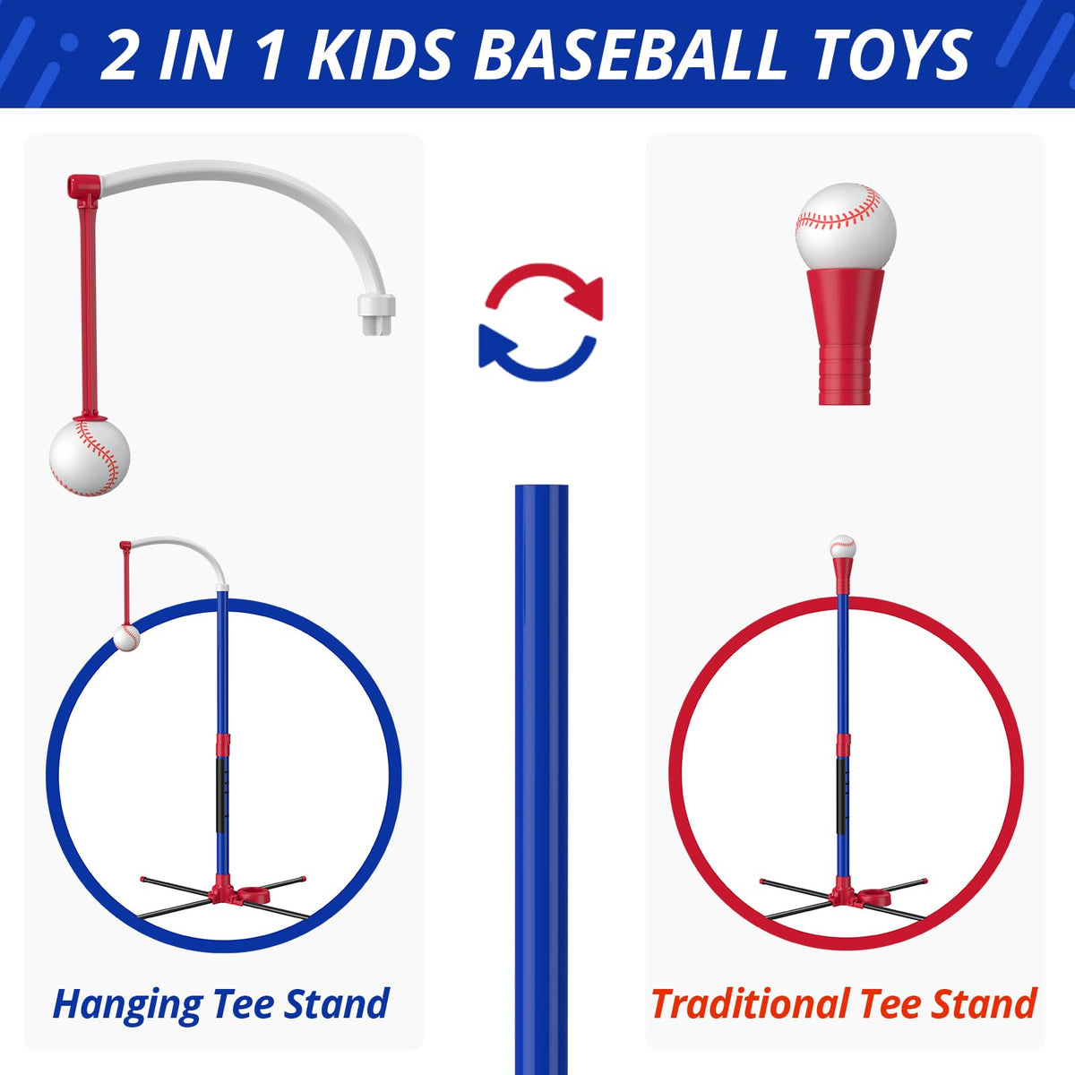 HYES 3-in-1 Baseball Set for Kids 3-5 | Adjustable Tee, Ball Launcher & Softballs – Indoor/Outdoor (Blue)