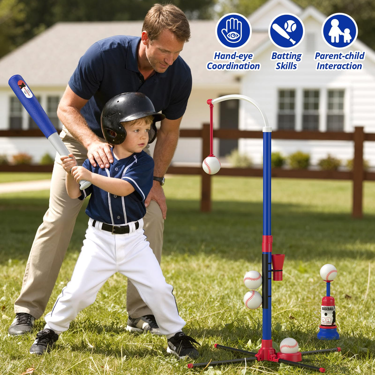 HYES 3-in-1 Baseball Set for Kids 3-5 | Adjustable Tee, Ball Launcher & Softballs – Indoor/Outdoor (Blue)