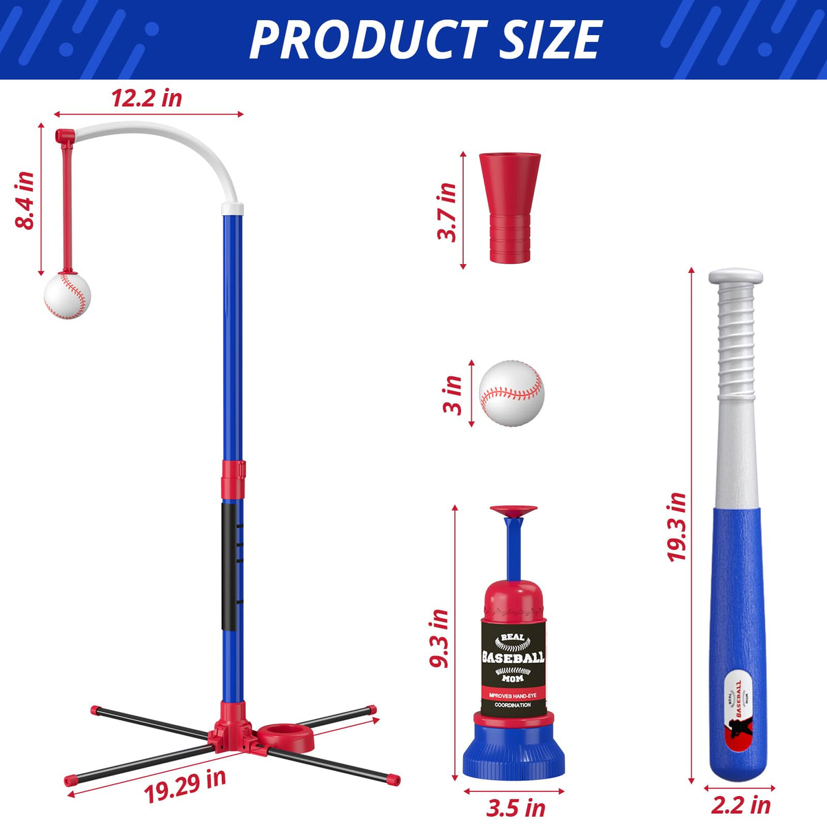 HYES 3-in-1 Baseball Set for Kids 3-5 | Adjustable Tee, Ball Launcher & Softballs – Indoor/Outdoor (Blue)