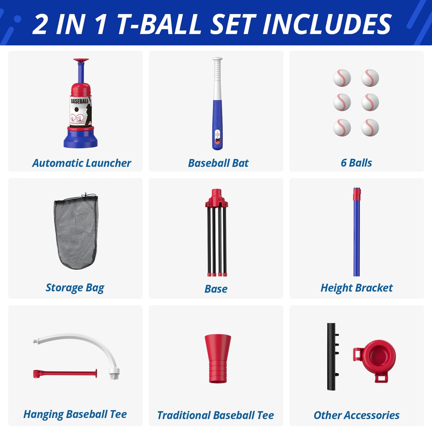 HYES 3-in-1 Baseball Set for Kids 3-5 | Adjustable Tee, Ball Launcher & Softballs – Indoor/Outdoor (Blue)