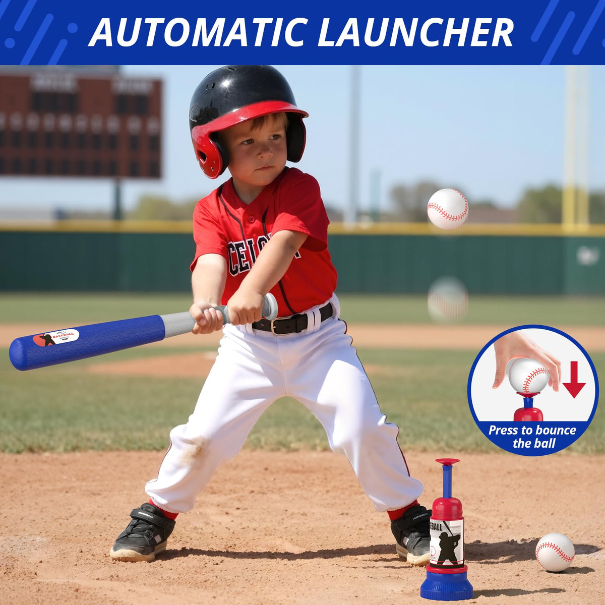 HYES 3-in-1 Baseball Set for Kids 3-5 | Adjustable Tee, Ball Launcher & Softballs – Indoor/Outdoor (Blue)