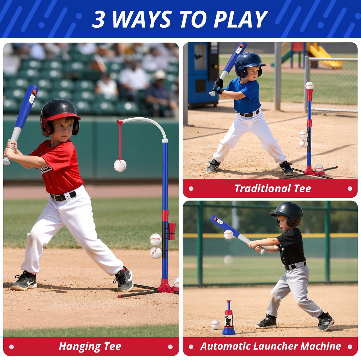 HYES 3-in-1 Baseball Set for Kids 3-5 | Adjustable Tee, Ball Launcher & Softballs – Indoor/Outdoor (Blue)