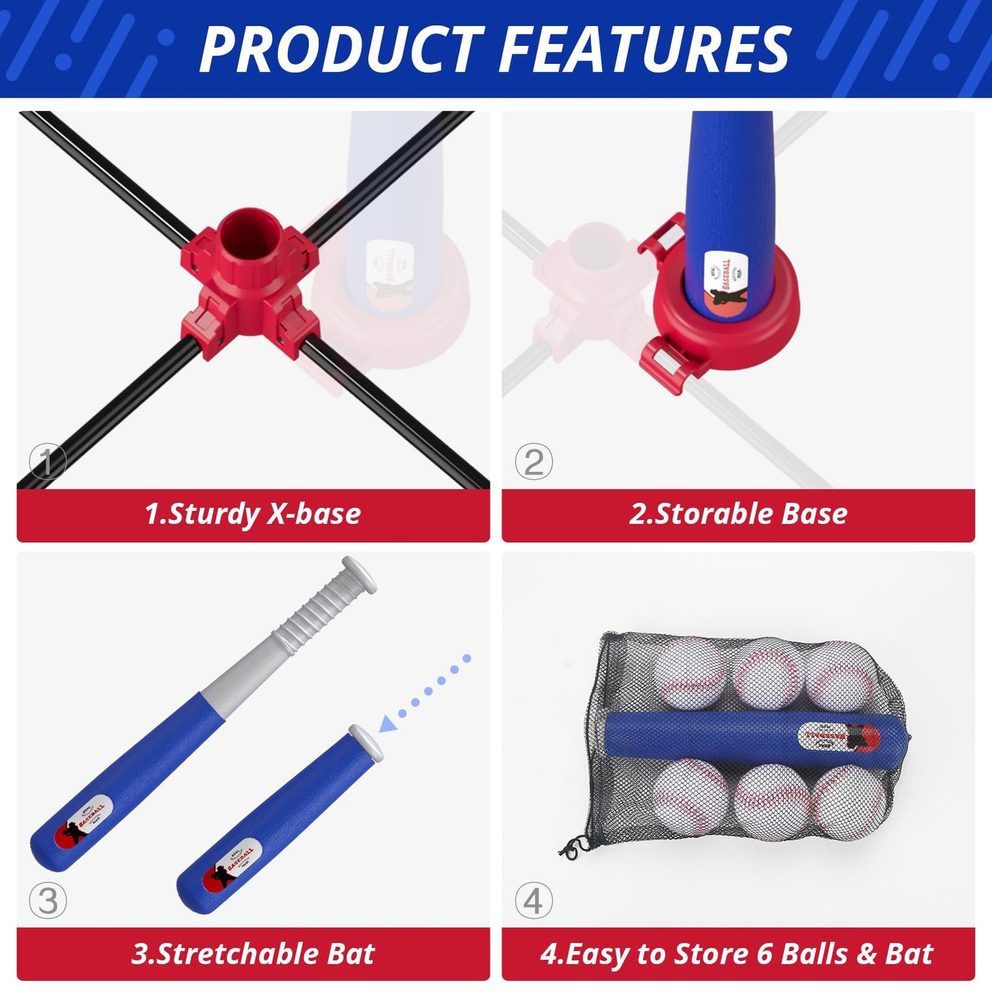 HYES 3-in-1 Baseball Set for Kids 3-5 | Adjustable Tee, Ball Launcher & Softballs – Indoor/Outdoor (Blue)