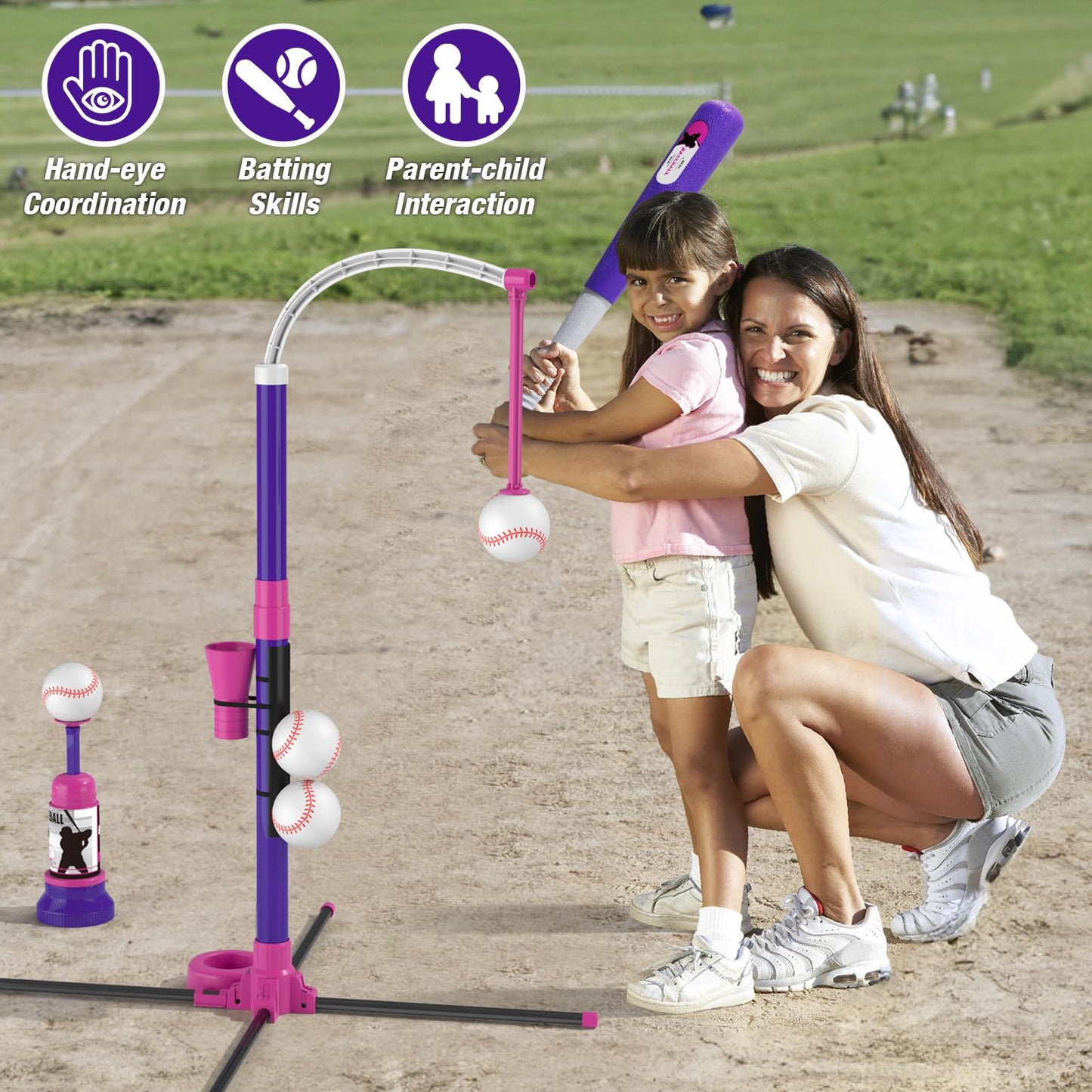 HYES Baseball Set: 3 Ways to Play, Adjustable Height, Safe & Sturdy