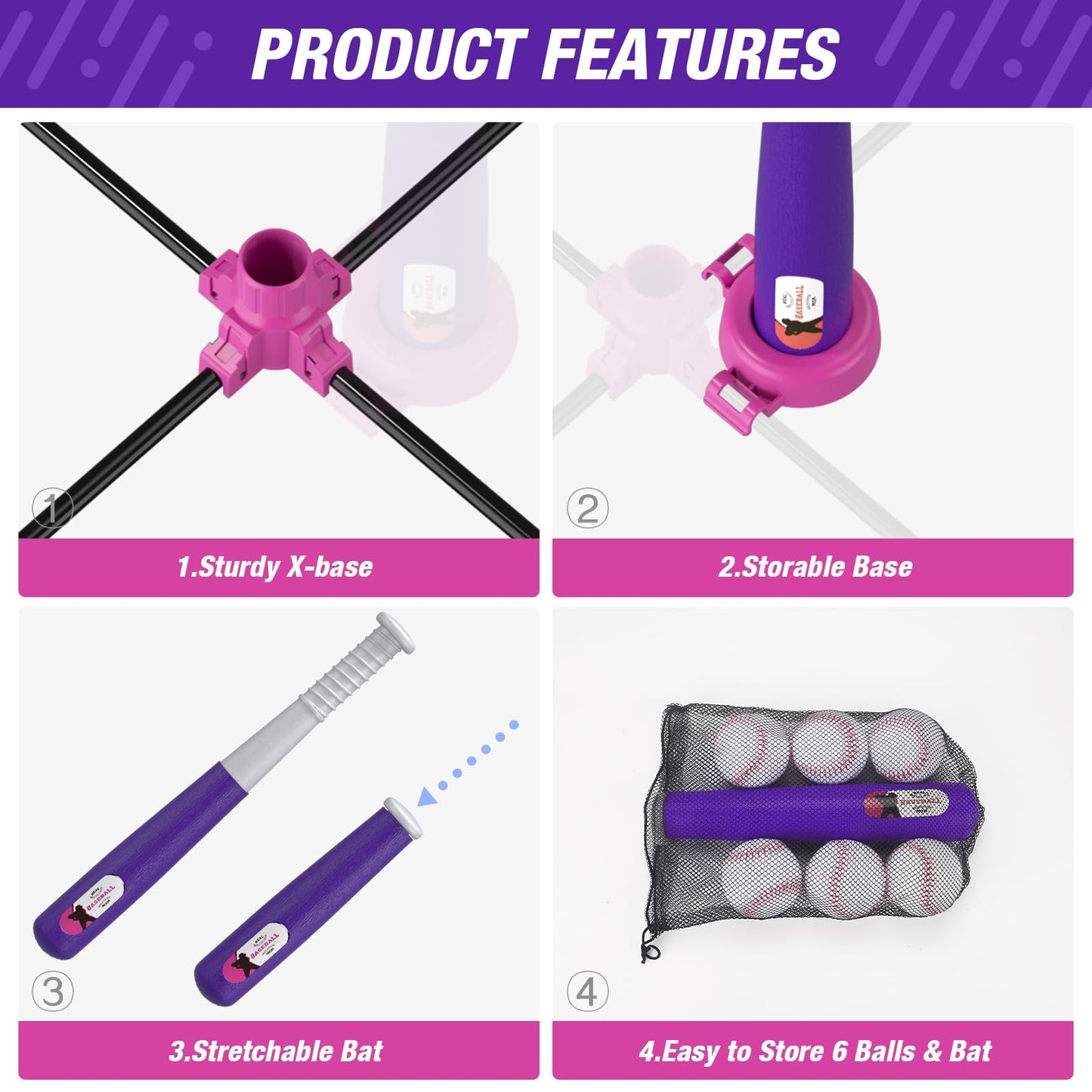 HYES Baseball Set: 3 Ways to Play, Adjustable Height, Safe & Sturdy