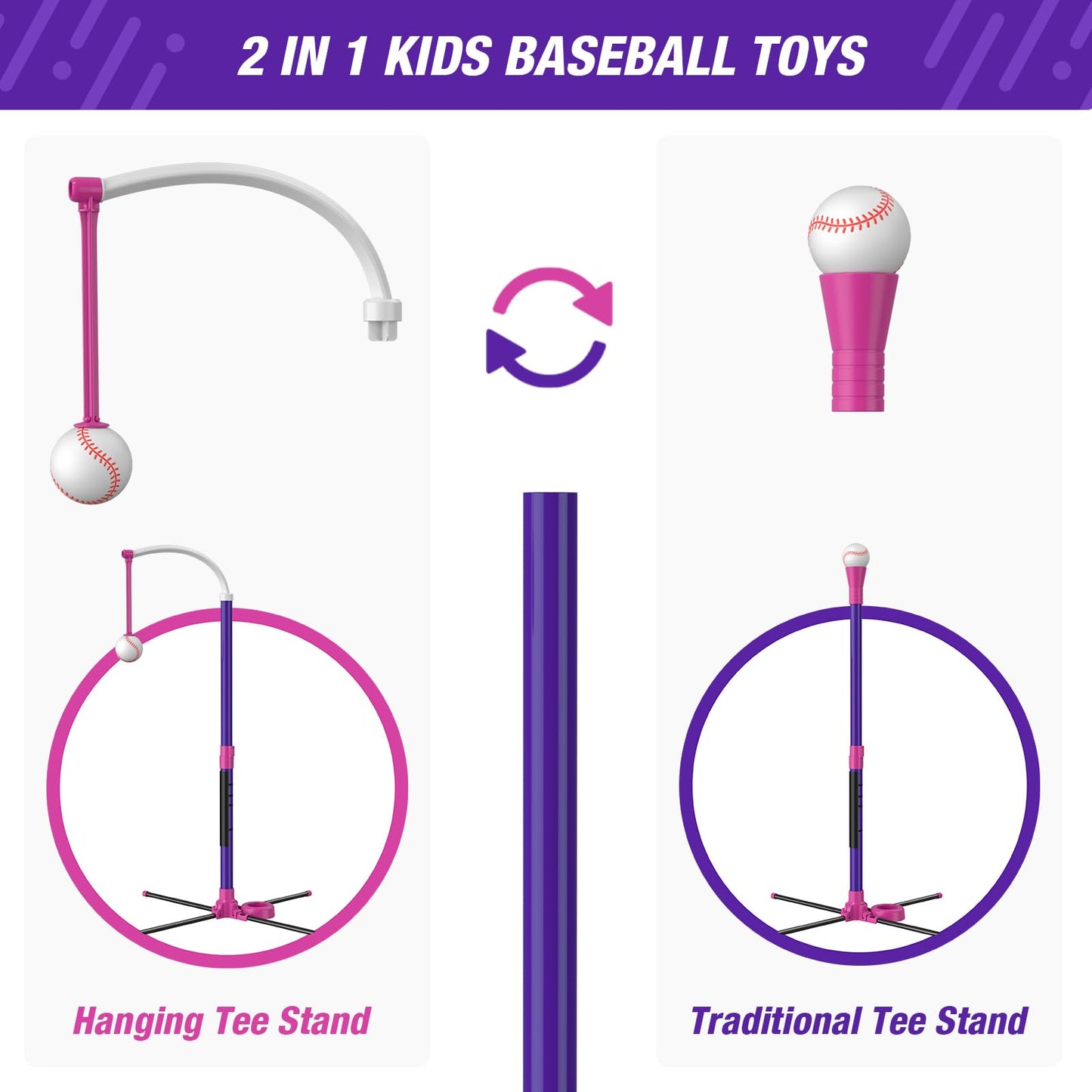 HYES Baseball Set: 3 Ways to Play, Adjustable Height, Safe & Sturdy