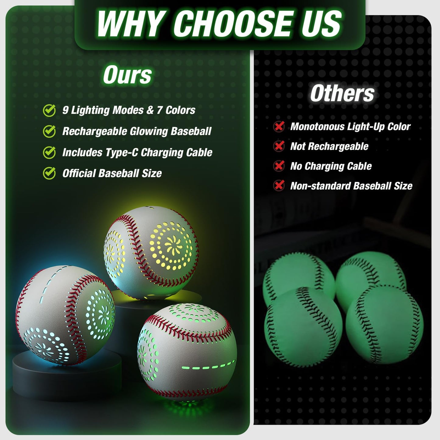 HYES Light Up Baseball with LED – 9 Lighting Modes, Rechargeable Glow in the Dark Official Size Leather Baseball