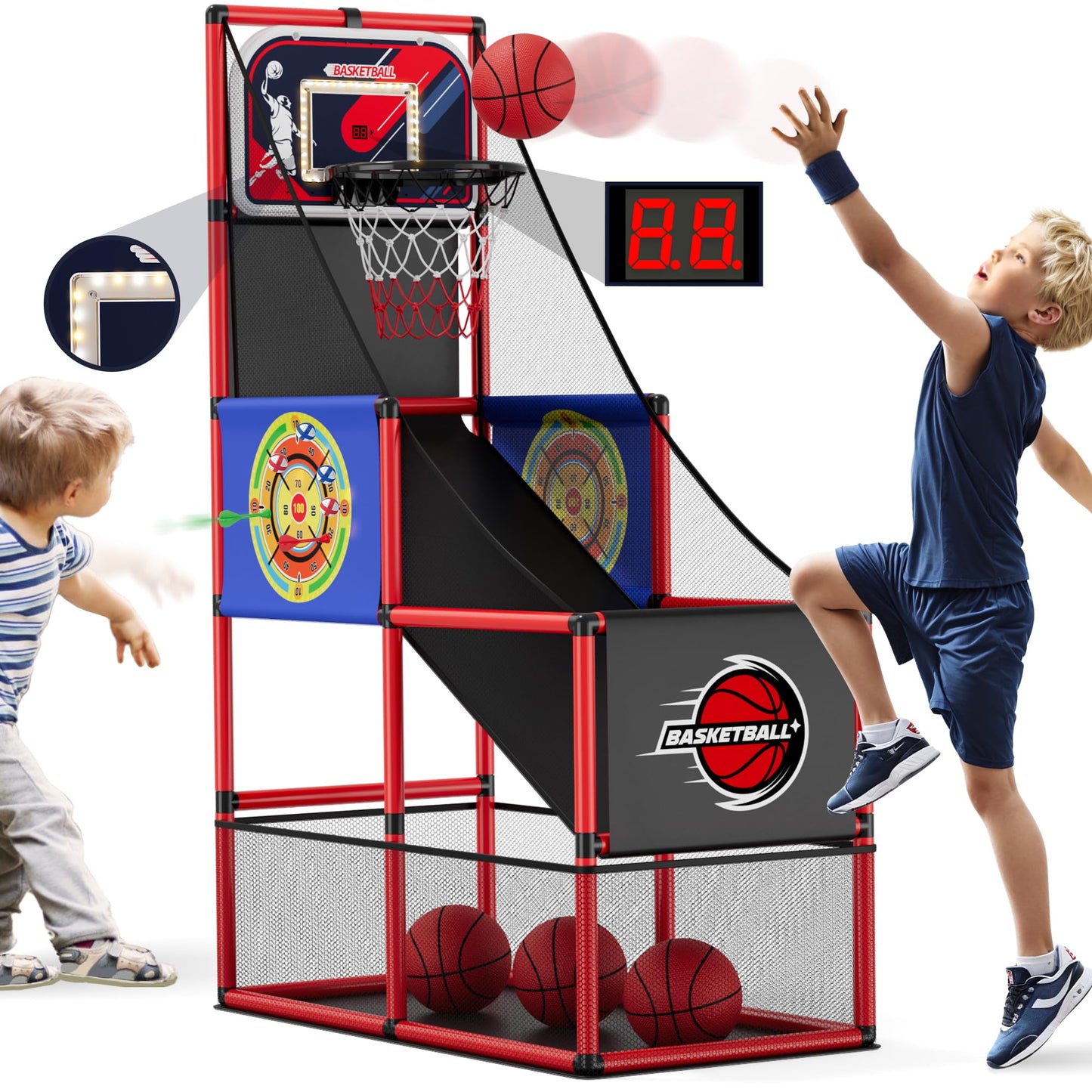 HYES Basketball Arcade Game – Indoor/Outdoor 2-in-1 with Darts, 4 Balls & Pump
