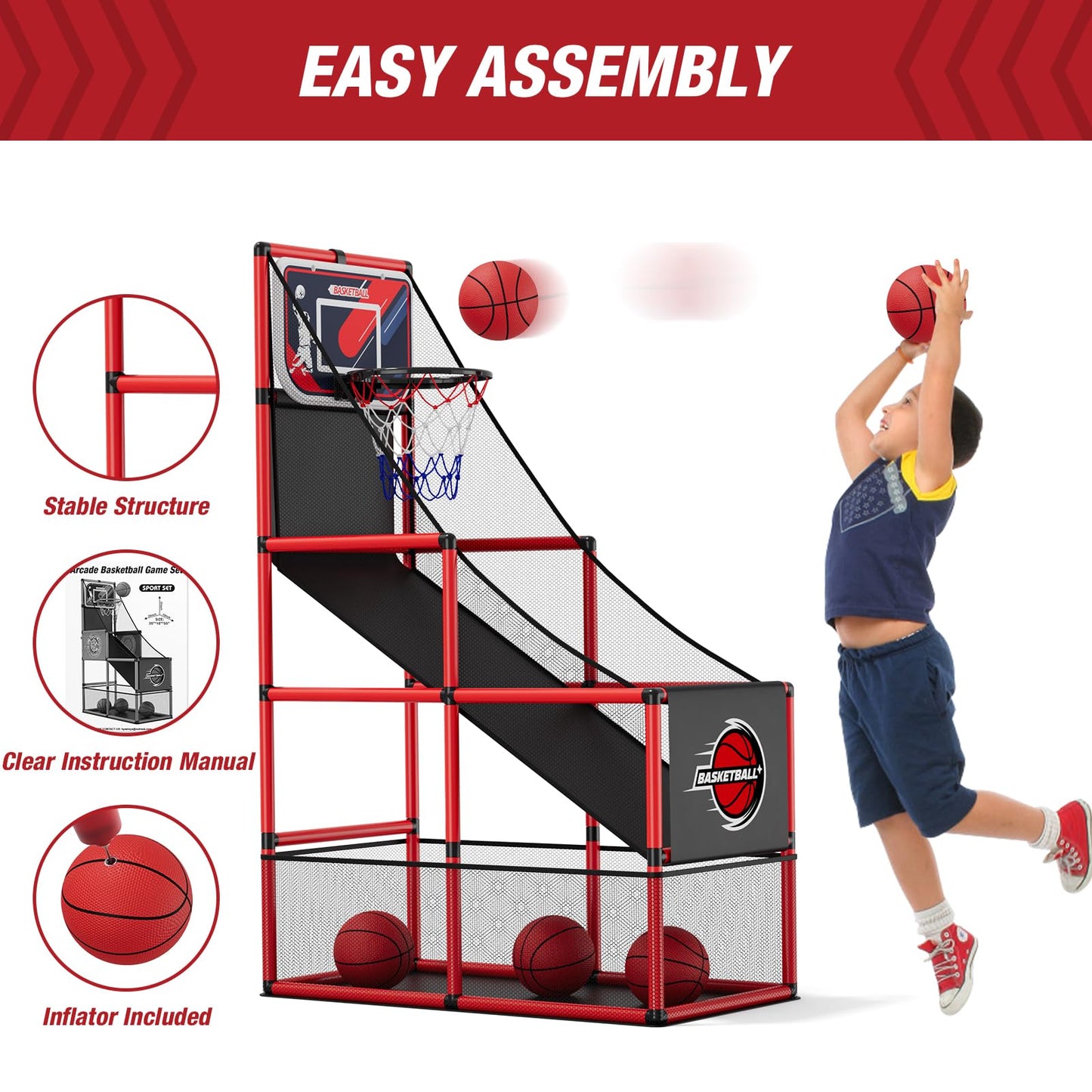 HYES Basketball Arcade Game – Indoor/Outdoor Hoop with 4 Balls