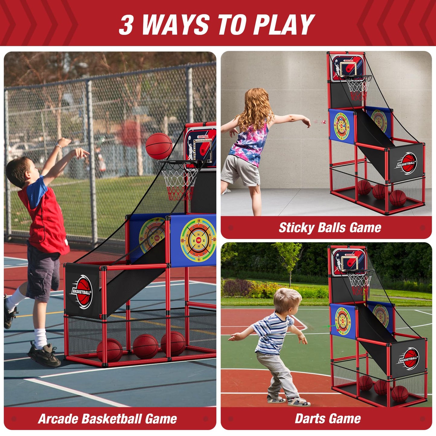 HYES Basketball Arcade Game – Indoor/Outdoor 2-in-1 with Darts, 4 Balls & Pump