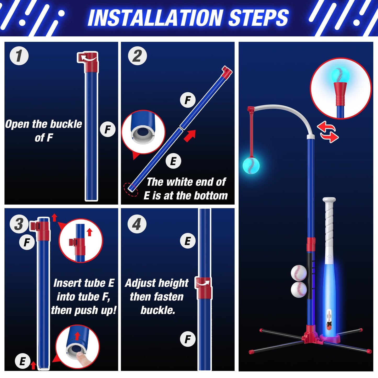 HYES 3-in-1 LED Baseball Set for Kids 3-5 | Adjustable Tee, Ball Launcher, Indoor/Outdoor