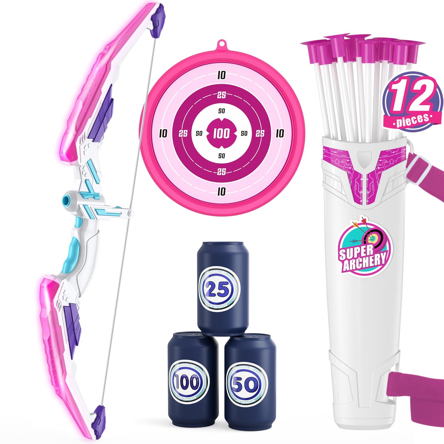 HYES Kids Bow and Arrow – LED Light Up Archery Set with 12 Suction Cup Arrows