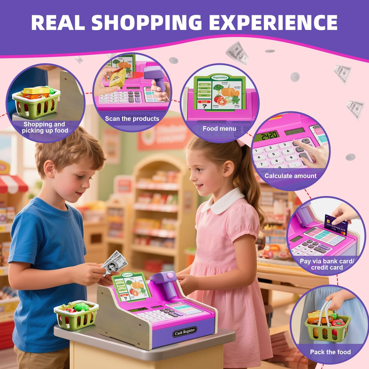 HYES Cash Registers for Kids – Rechargeable Pink Pretend Play Market & Fast Food