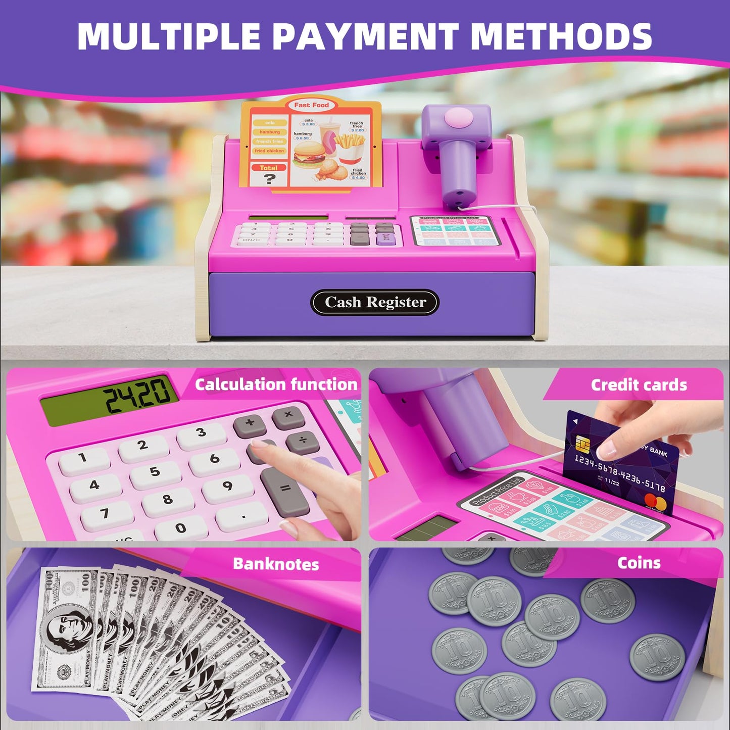 HYES Cash Registers for Kids – Rechargeable Pink Pretend Play Market & Fast Food
