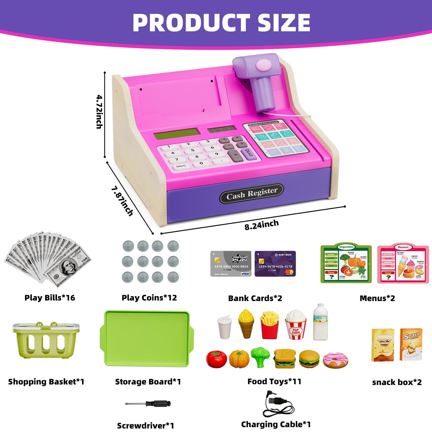 HYES Cash Registers for Kids – Rechargeable Pink Pretend Play Market & Fast Food