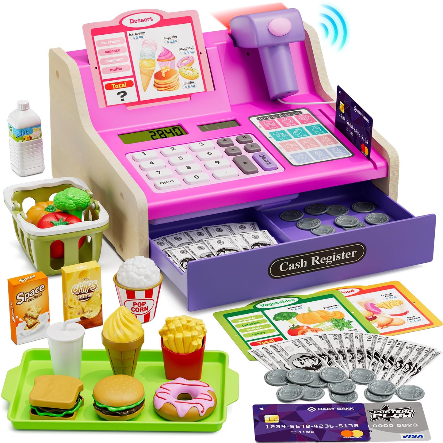HYES Cash Registers for Kids – Rechargeable Pink Pretend Play Market & Fast Food
