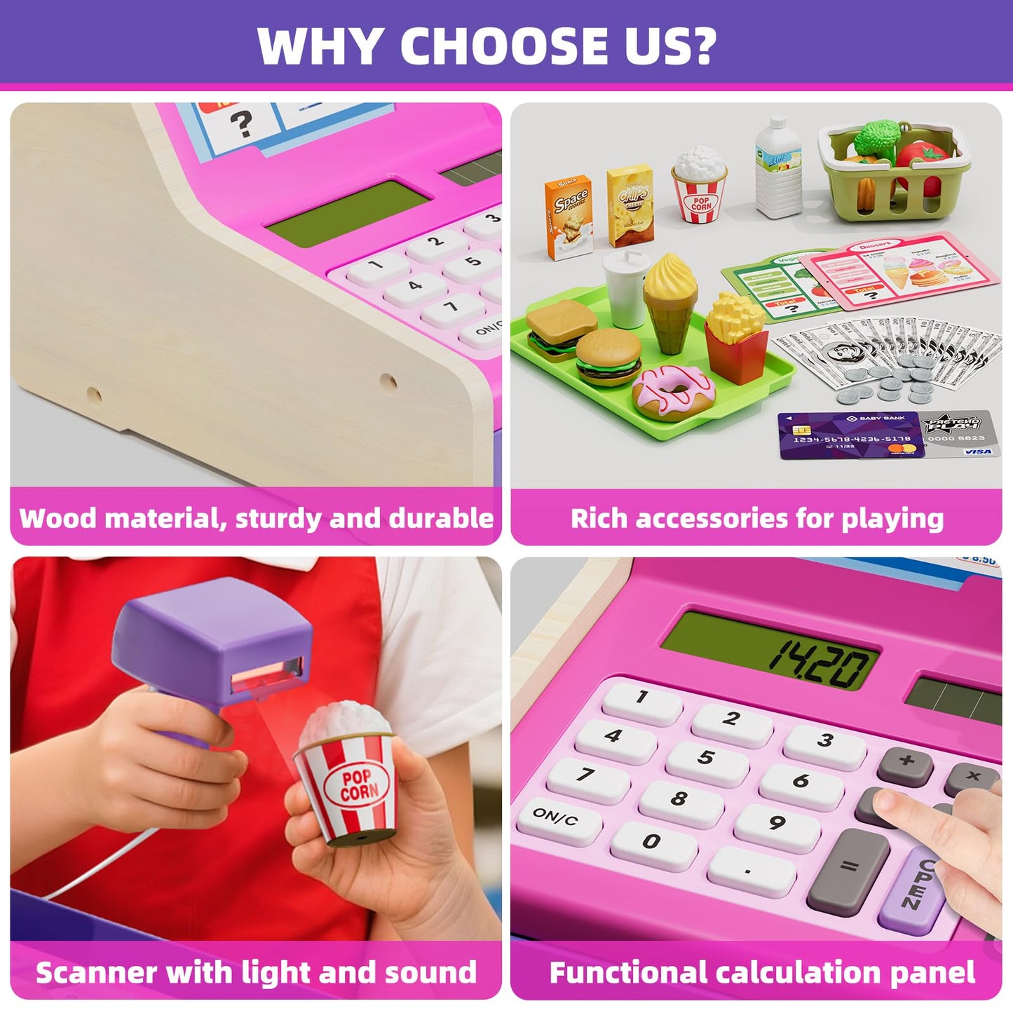 HYES Cash Registers for Kids – Rechargeable Pink Pretend Play Market & Fast Food