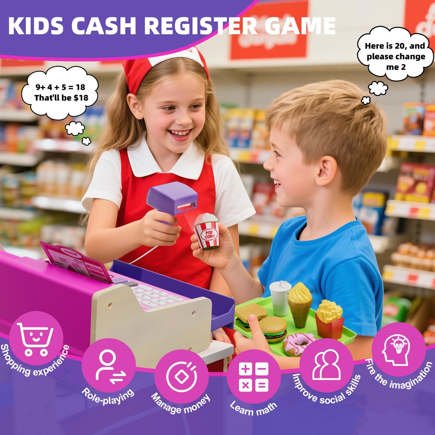 HYES Cash Registers for Kids – Rechargeable Pink Pretend Play Market & Fast Food