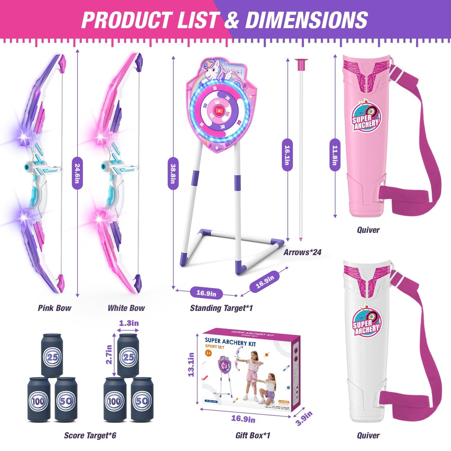HYES LED Unicorn Archery Set for Kids – 2 Bows, Glow Target, 24 Arrows