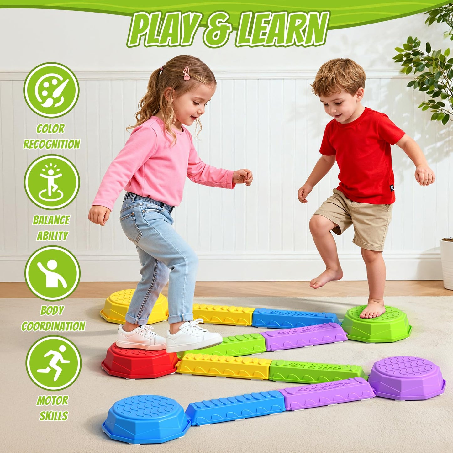 HYES Balance Beams & Stepping Stones — Sensory Obstacle Course Toys for Kids 3-5