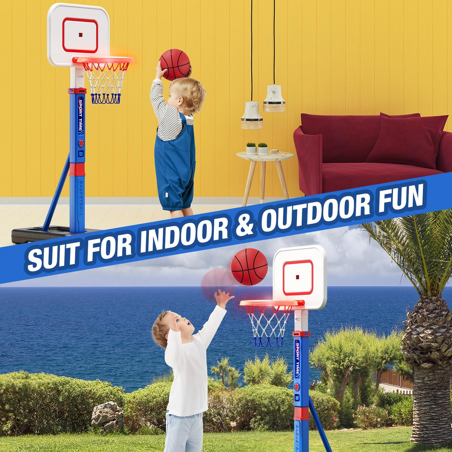 HYES Toddler Basketball Hoop with Scoreboard and LED Rim — 55in Adjustable Indoor Outdoor