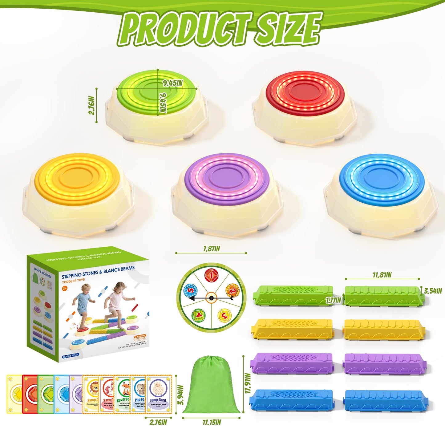 HYES Light Up Stepping Stones & Balance Beams – 13-Piece Sensory Obstacle Set for Kids