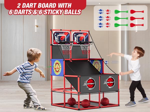 HYES 2-in-1 Dual Shot Basketball Arcade Game with LED Scoreboard & Dart Boards – Indoor/Outdoor Kids Sport Toy
