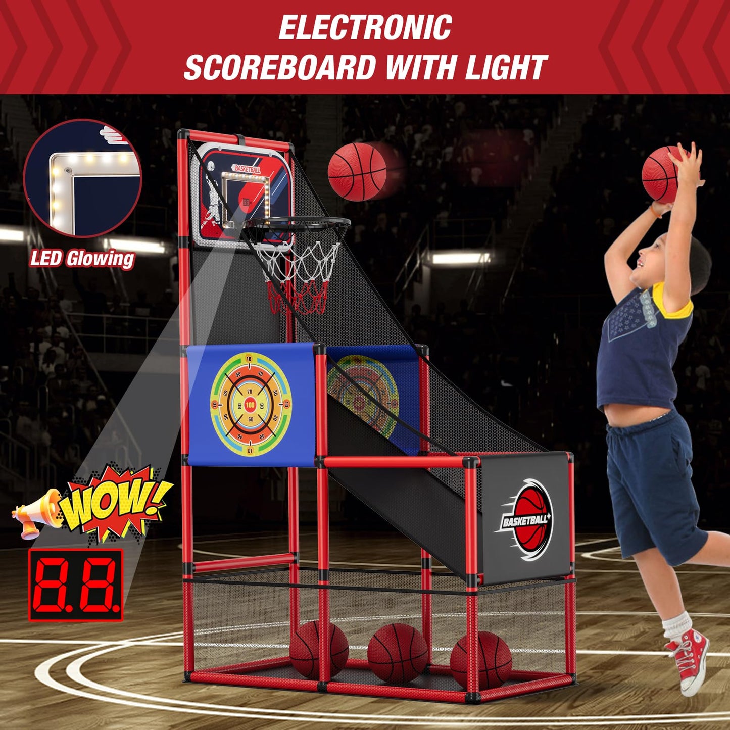 HYES Basketball Arcade Game – Indoor/Outdoor 2-in-1 with Darts, 4 Balls & Pump