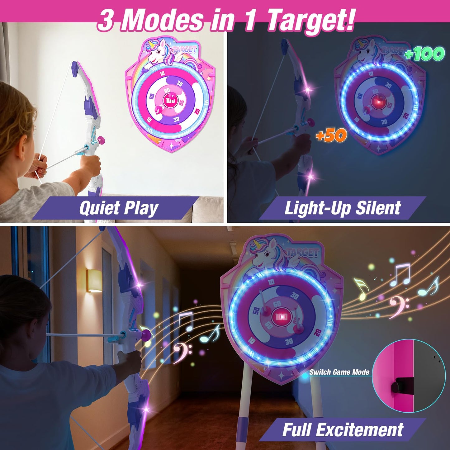 HYES LED Unicorn Archery Set for Kids – 2 Bows, Glow Target, 24 Arrows