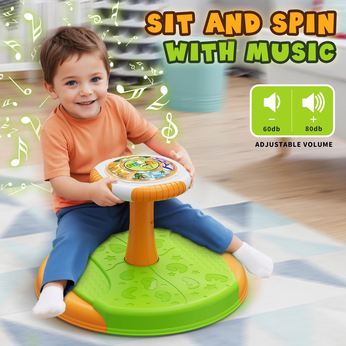 HYES Dinosaur Sit and Spin Toy for Toddlers 1-3 — 360° Spin, LED Lights & Music