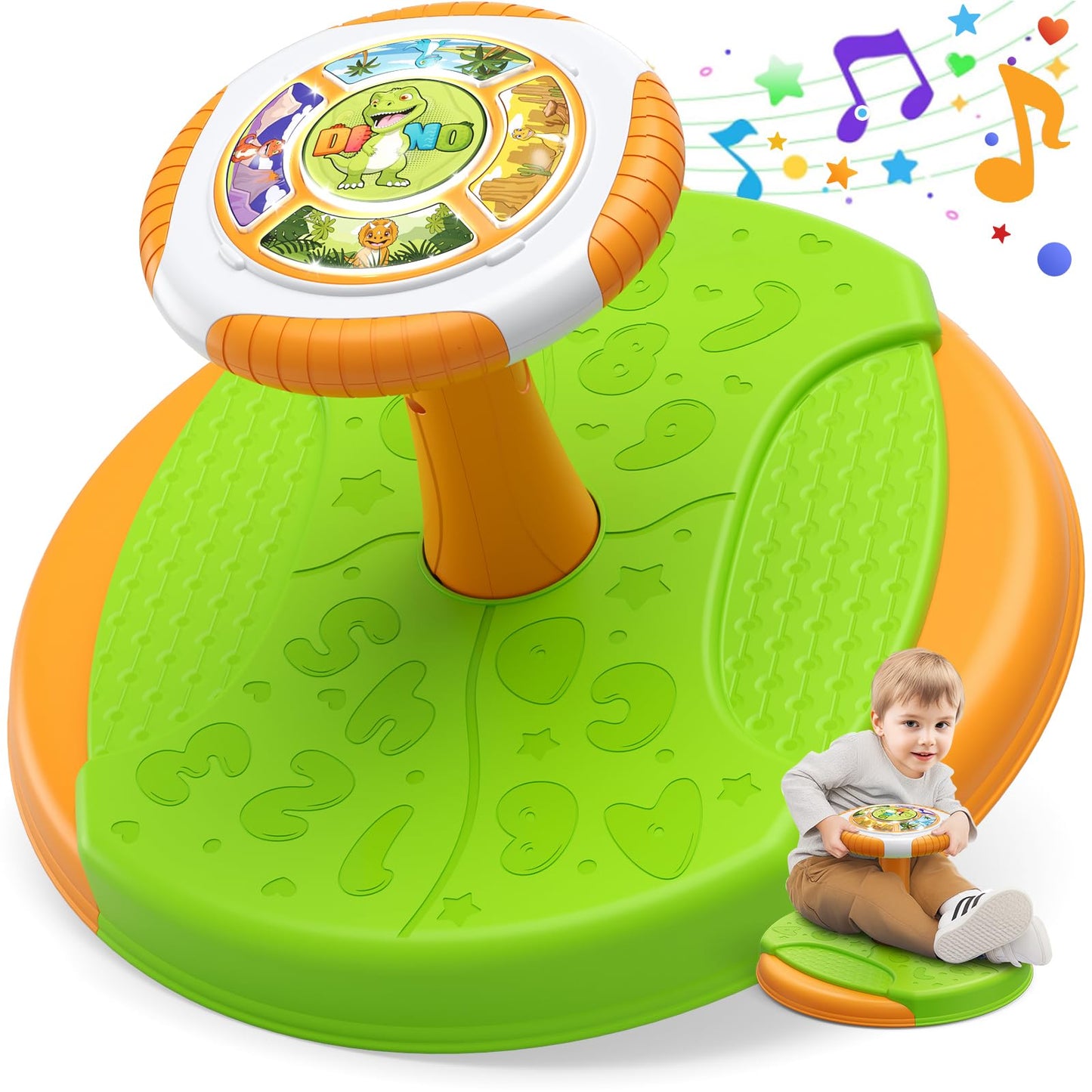 HYES Dinosaur Sit and Spin Toy for Toddlers 1-3 — 360° Spin, LED Lights & Music