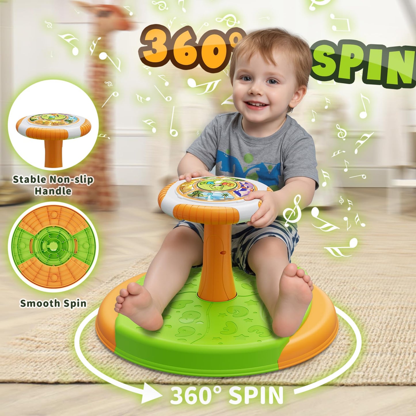 HYES Dinosaur Sit and Spin Toy for Toddlers 1-3 — 360° Spin, LED Lights & Music