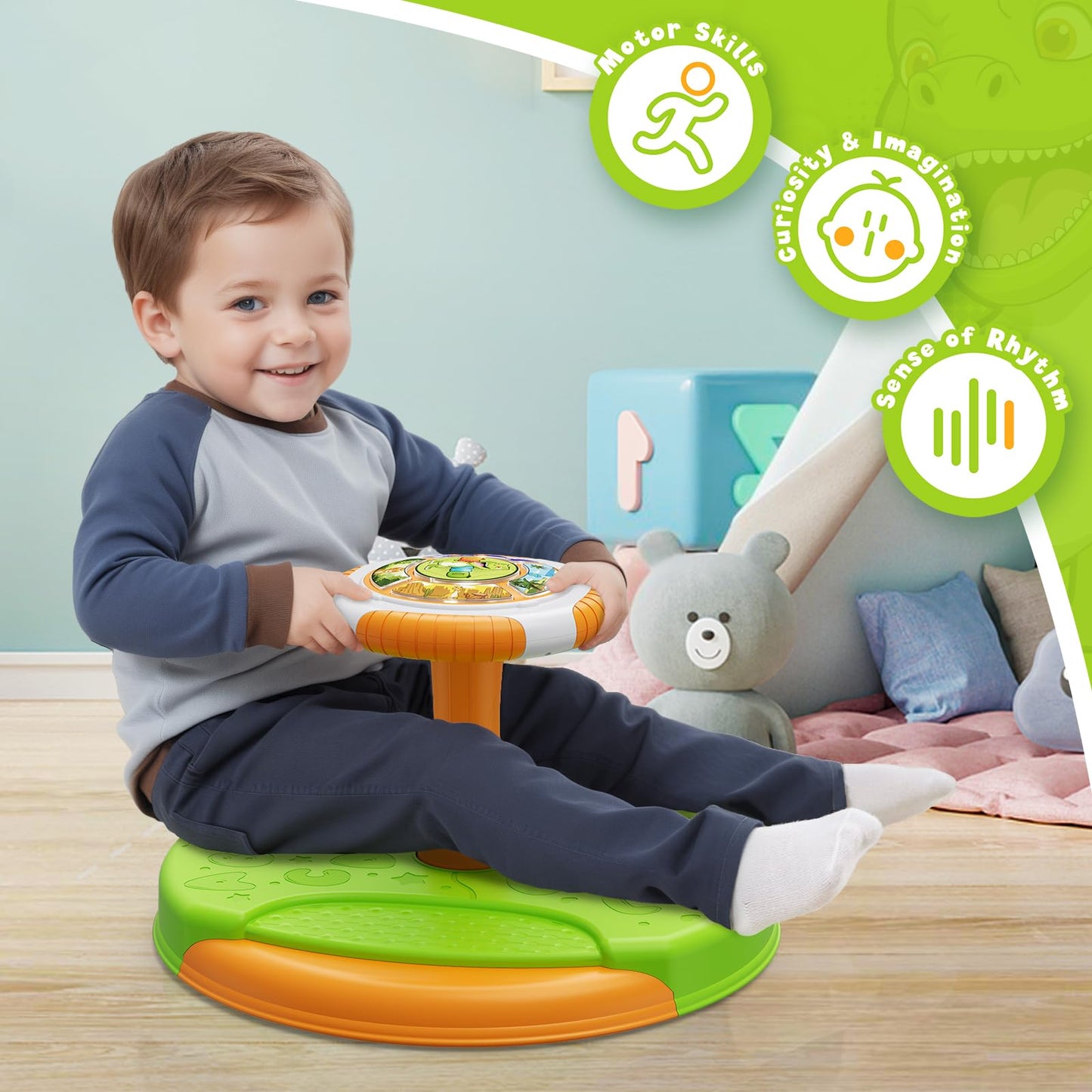 HYES Dinosaur Sit and Spin Toy for Toddlers 1-3 — 360° Spin, LED Lights & Music