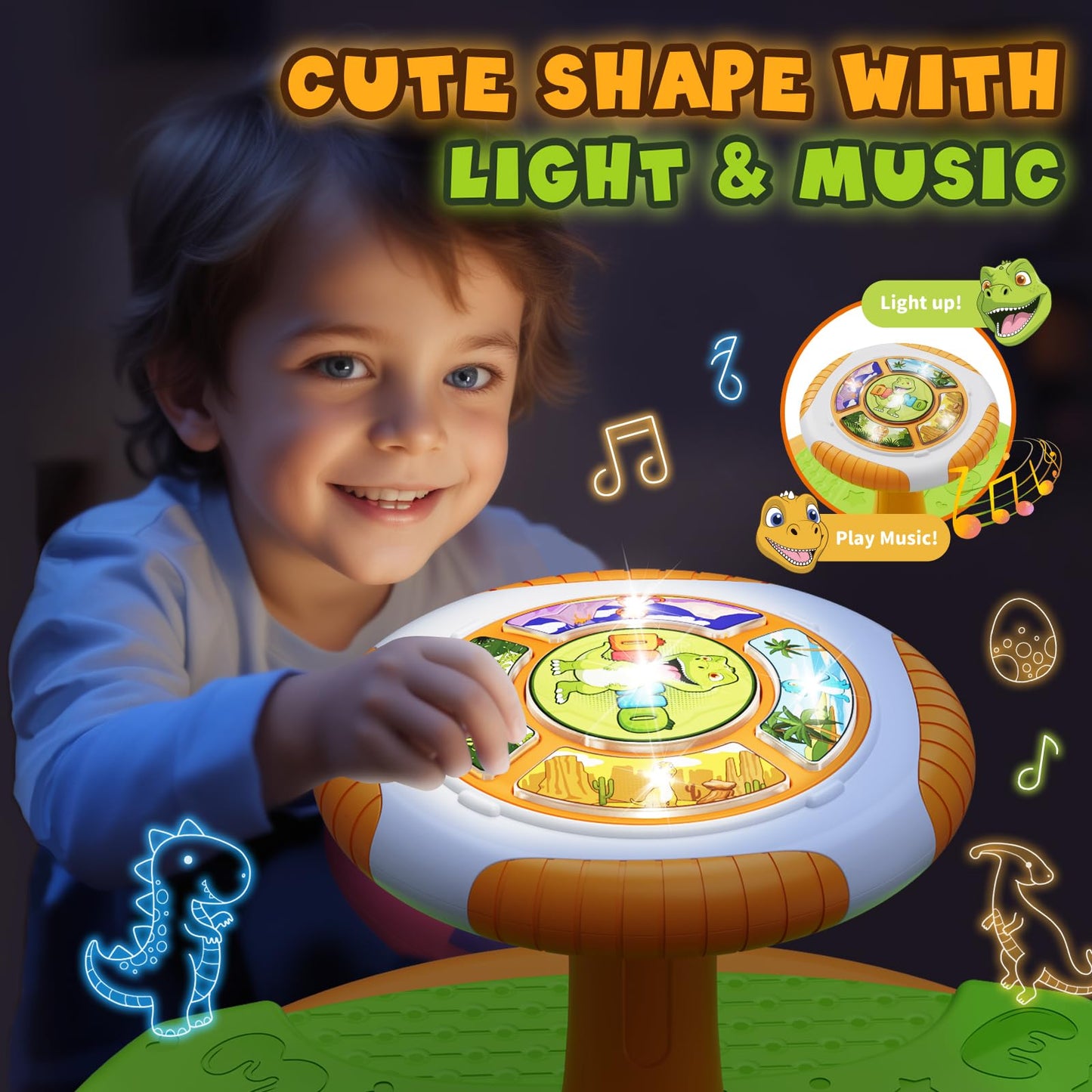 HYES Dinosaur Sit and Spin Toy for Toddlers 1-3 — 360° Spin, LED Lights & Music