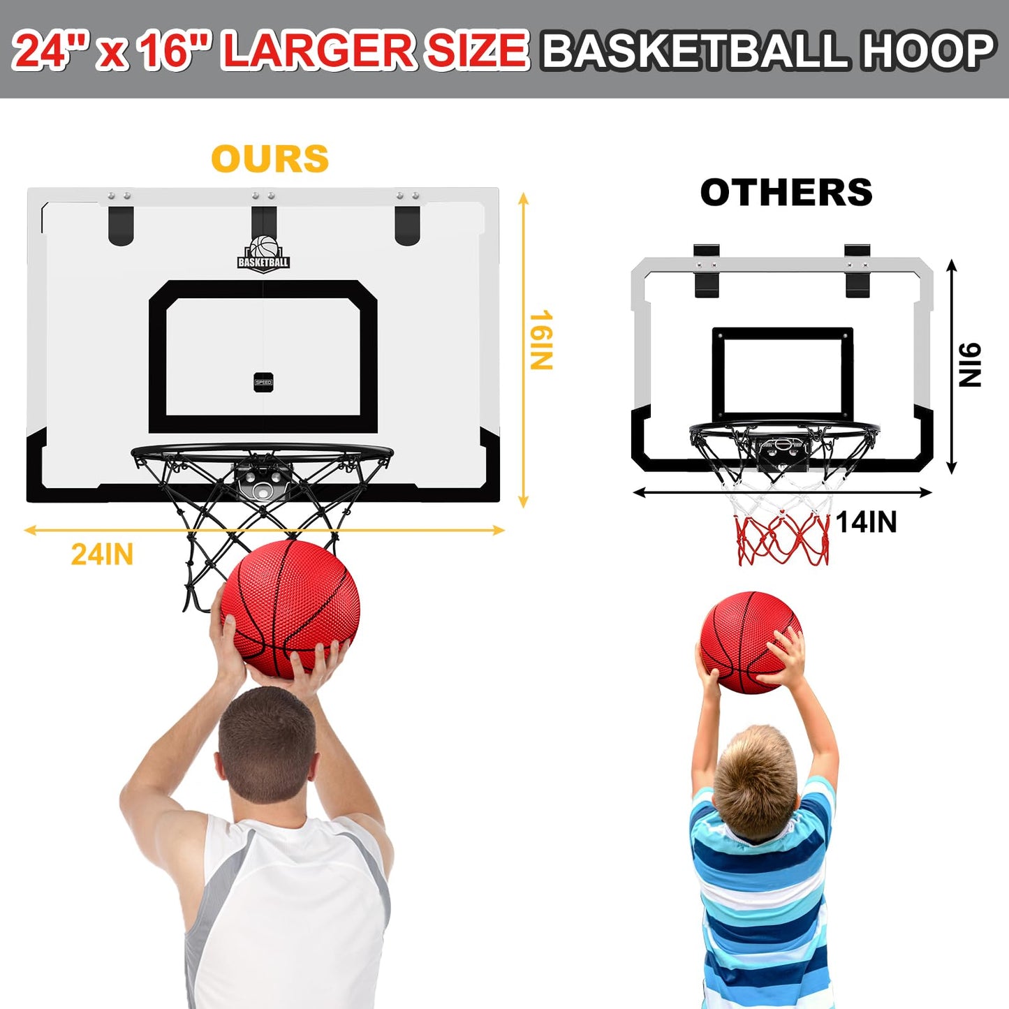 HYES 24x16 Large Indoor Basketball Hoop – Over-the-Door Backboard, Sturdy Rim, Fun Gift for Adults & Kids | Black