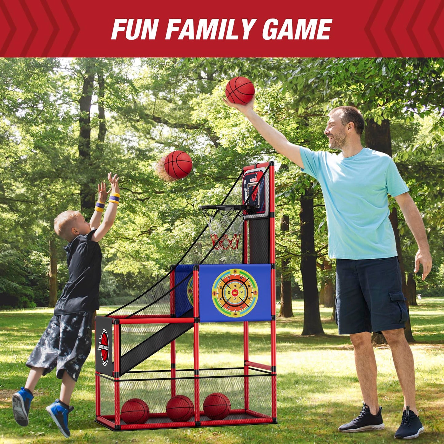 HYES Basketball Arcade Game – Indoor/Outdoor 2-in-1 with Darts, 4 Balls & Pump