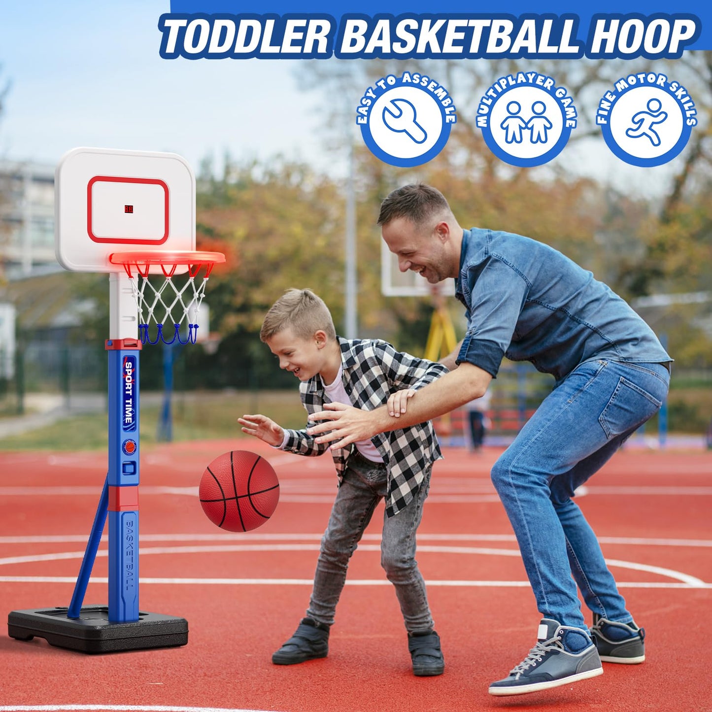 HYES Toddler Basketball Hoop with Scoreboard and LED Rim — 55in Adjustable Indoor Outdoor