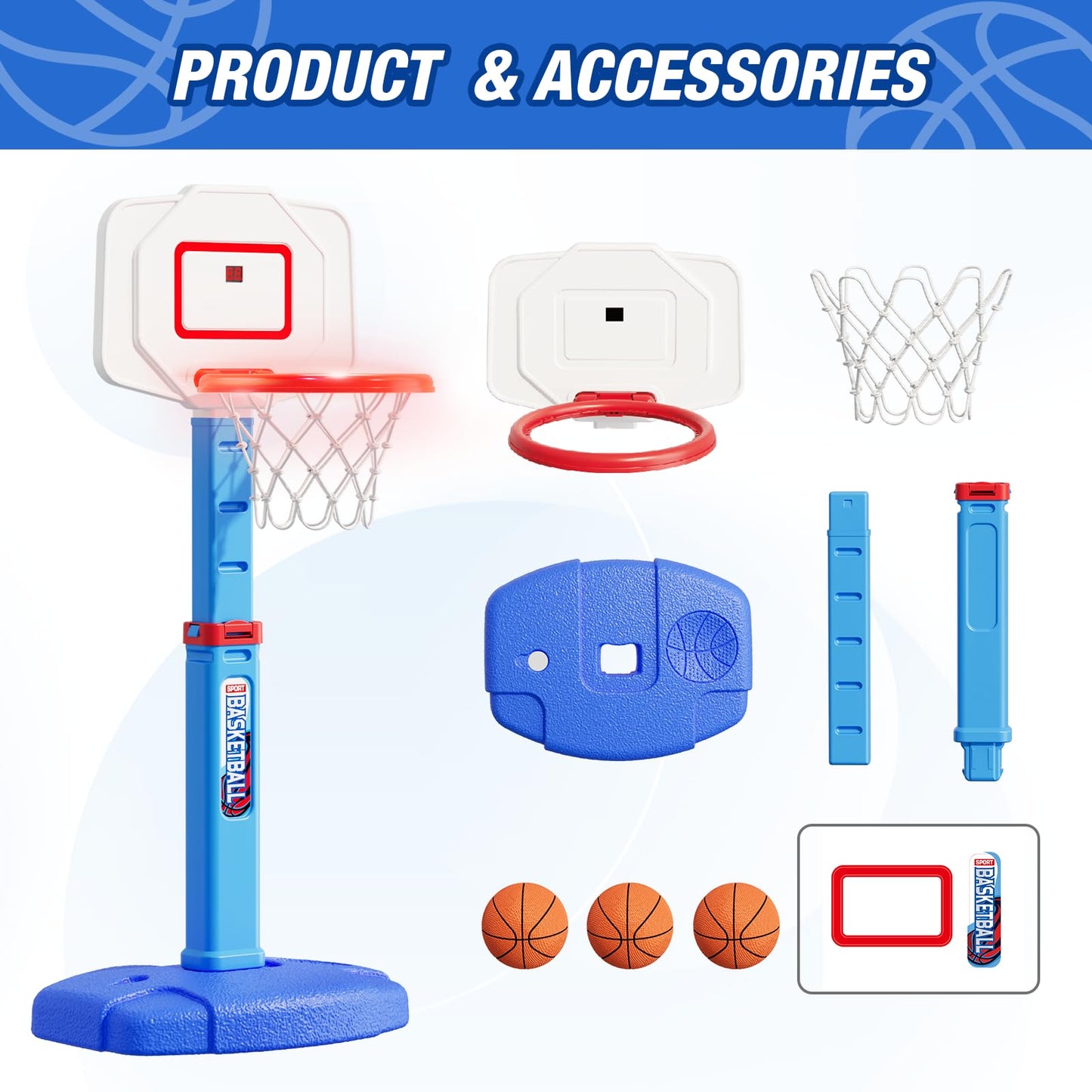 HYES Toddler Basketball Hoop with LED Rim & Scoreboard – Adjustable Indoor/Outdoor Mini Hoop