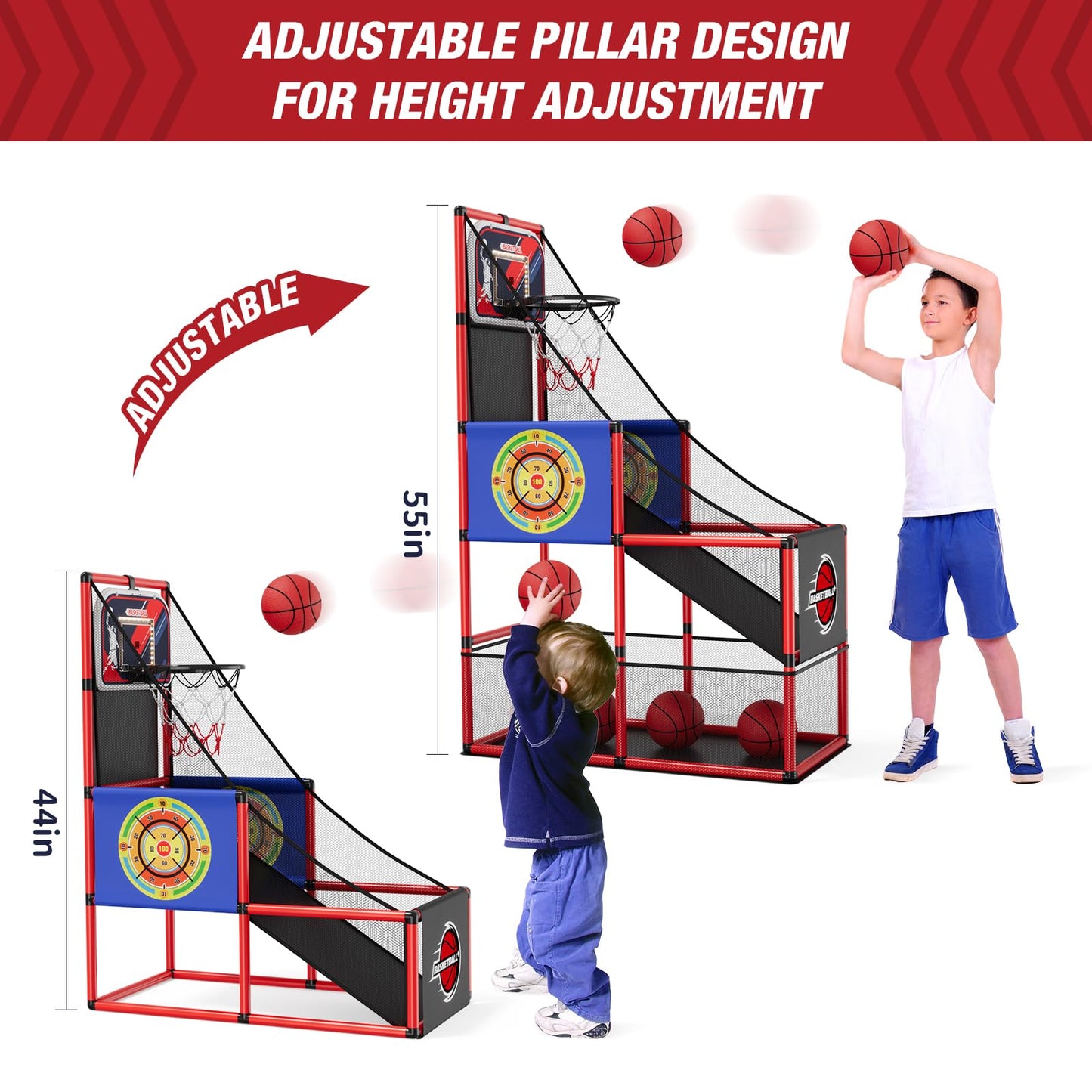 HYES Basketball Arcade Game – Indoor/Outdoor 2-in-1 with Darts, 4 Balls & Pump