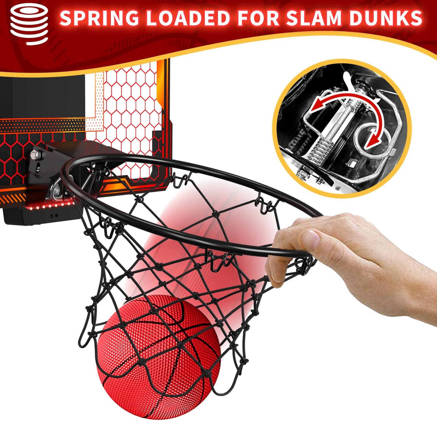 HYES Remote Control Indoor Basketball Hoop – 7 LED Lights, 3 Modes, Over-Door Mount (Red)