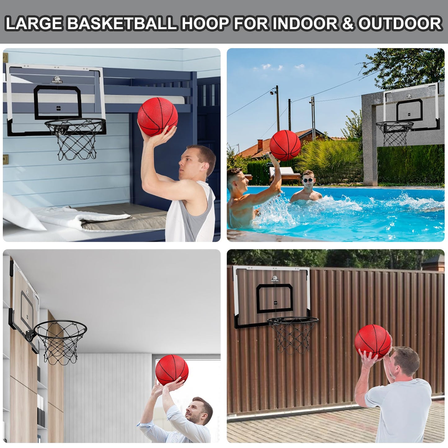 HYES 24x16 Large Indoor Basketball Hoop – Over-the-Door Backboard, Sturdy Rim, Fun Gift for Adults & Kids | Black