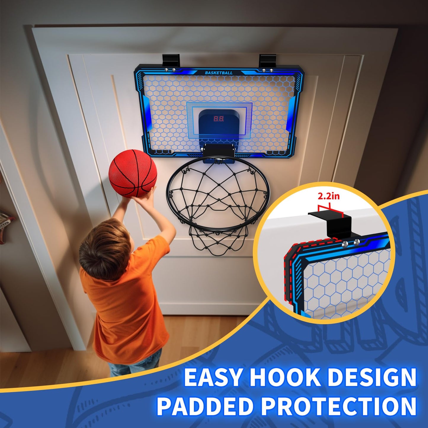 HYES Remote-Control Indoor Basketball Hoop with 7 LED Lights – Over-Door, 3 Modes, Blue