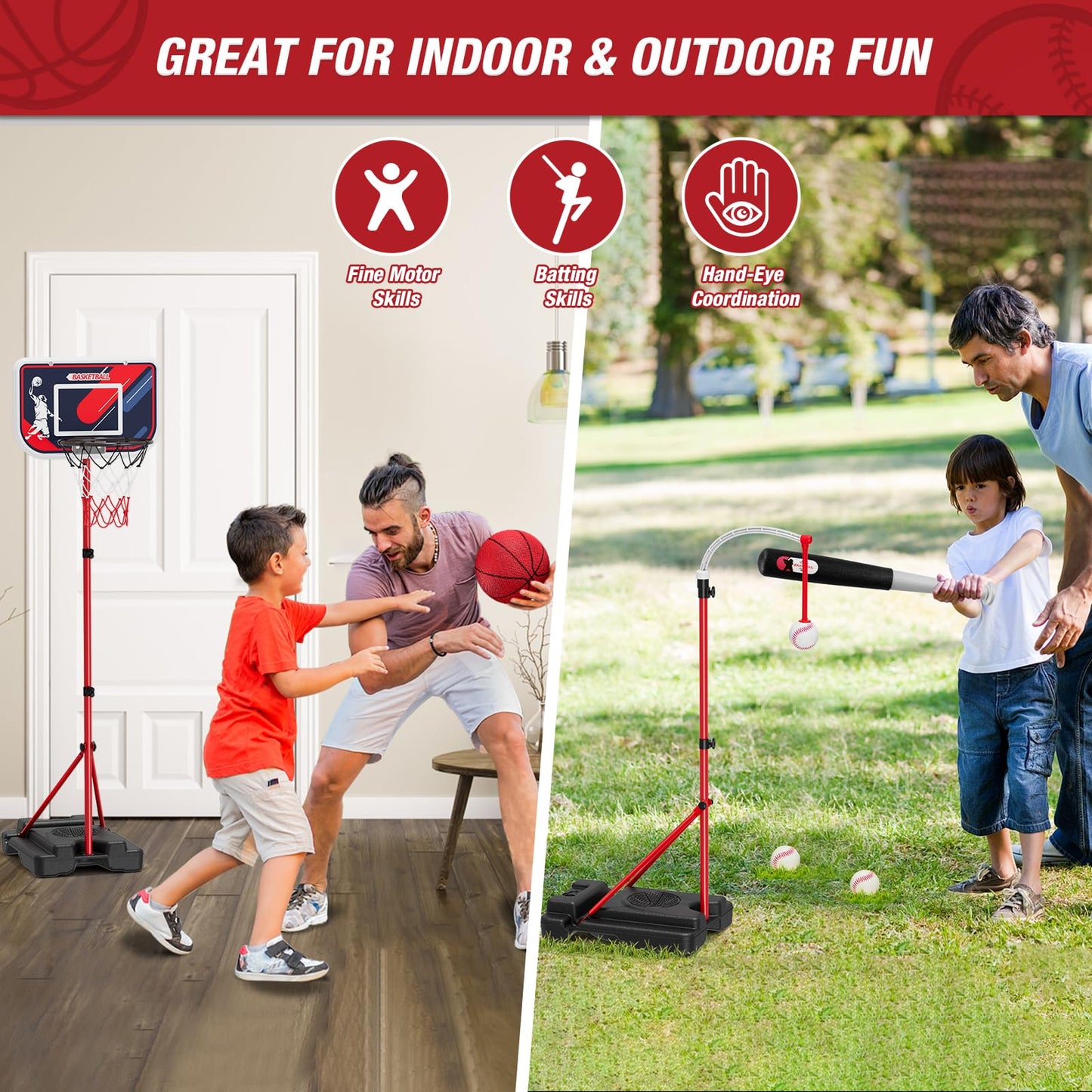 HYES 4 in 1 Kids Basketball Hoop & Tball Set for Toddlers 3-5 – Adjustable, Stable, Portable