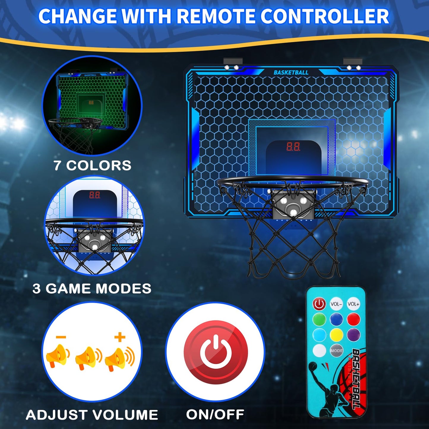 HYES Remote-Control Indoor Basketball Hoop with 7 LED Lights – Over-Door, 3 Modes, Blue