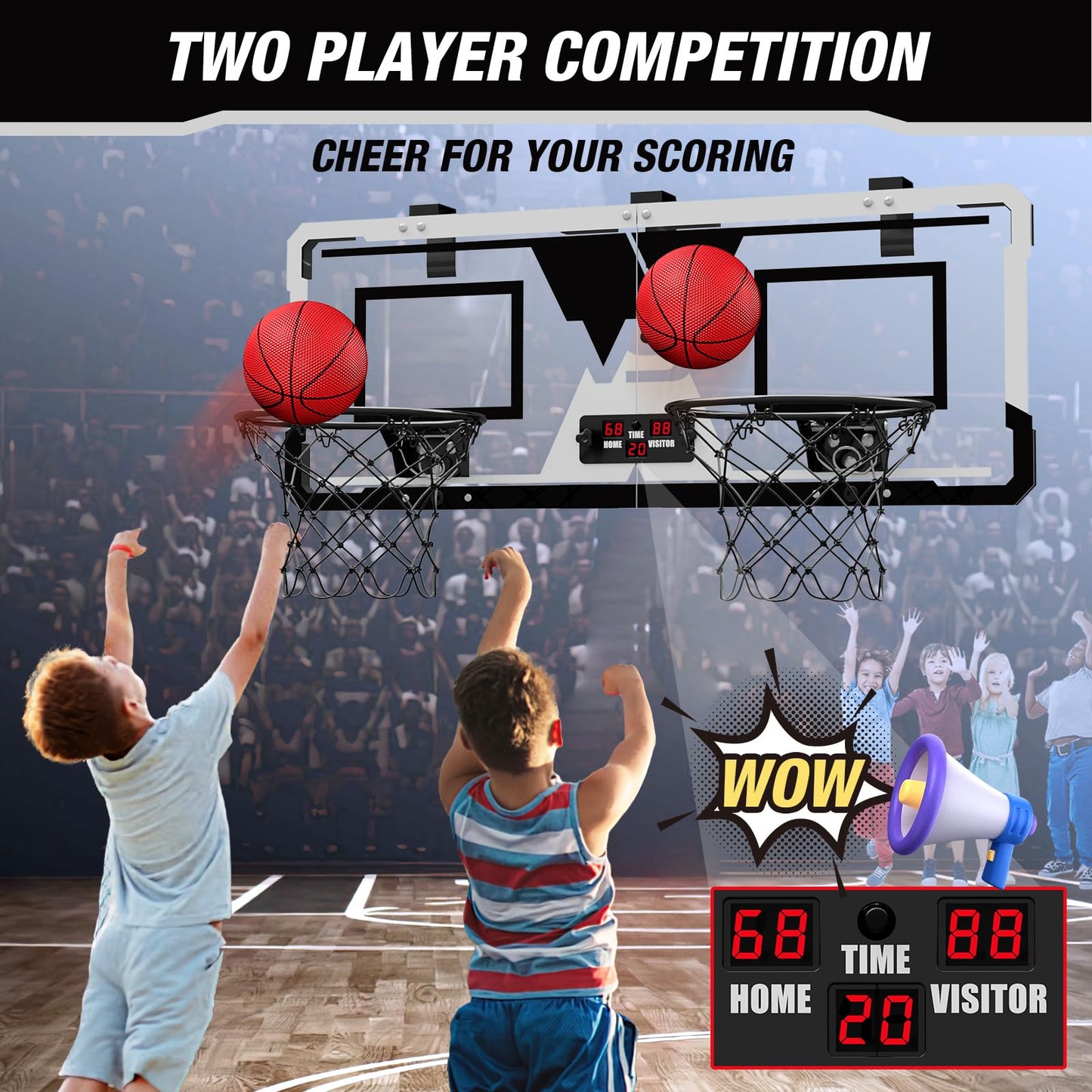 HYES 2-Player Over-Door Mini Basketball Game with Electronic Scoreboard | Dual Shot Hoop