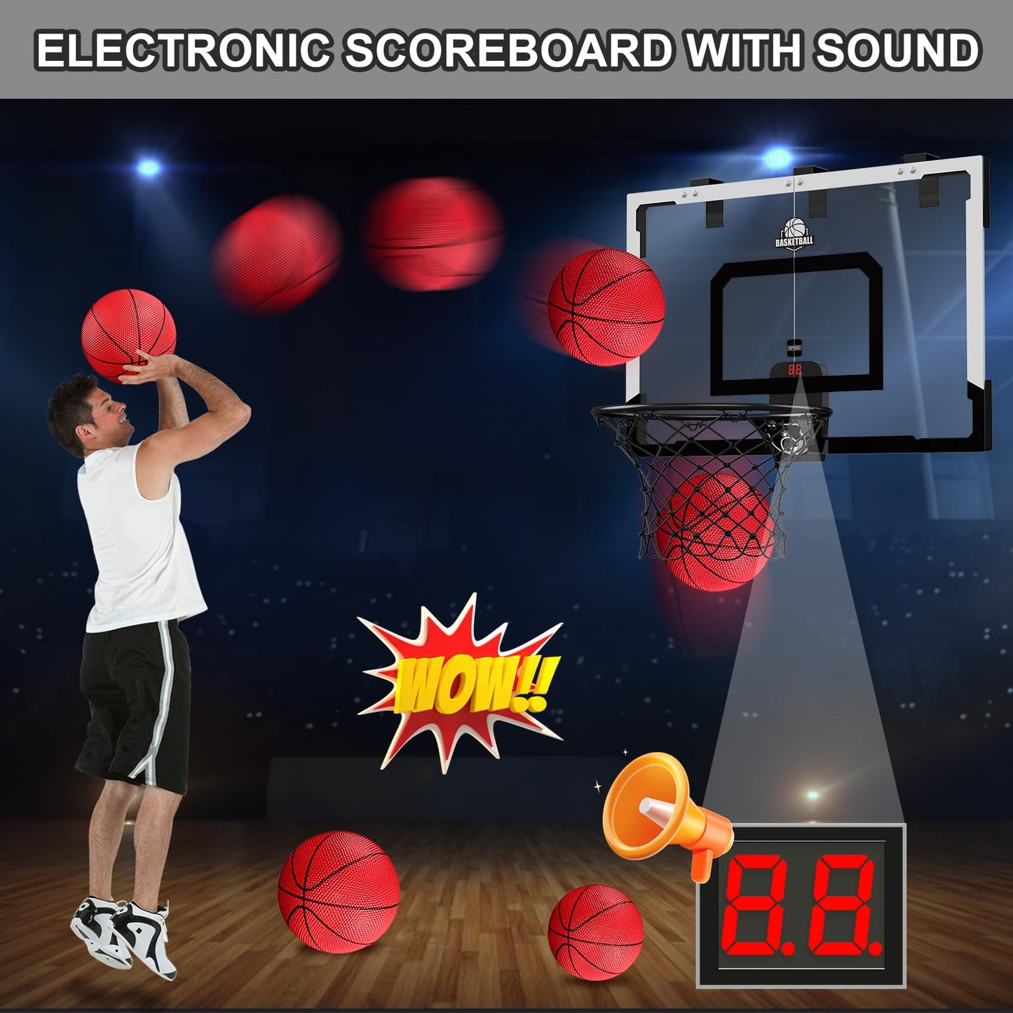 HYES 24x16 Large Indoor Basketball Hoop – Over-The-Door with Electronic Scoreboard