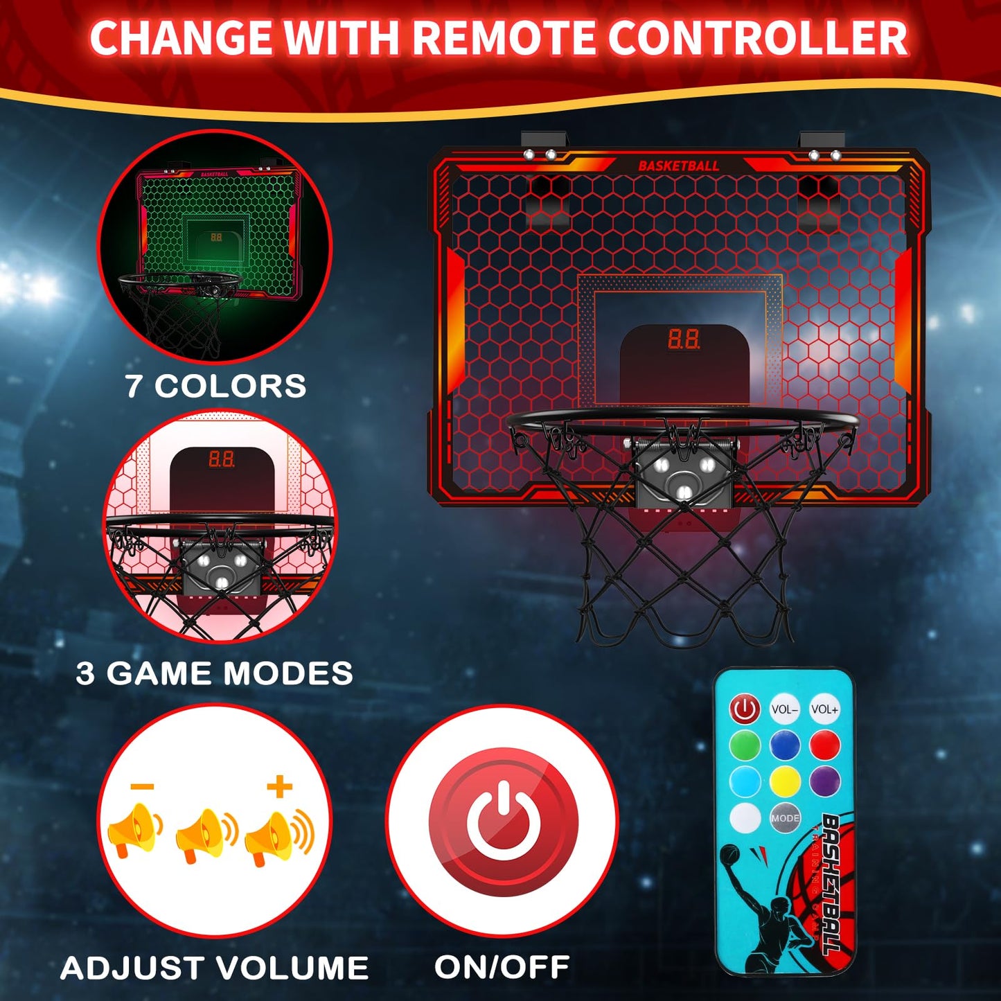 HYES Remote Control Indoor Basketball Hoop – 7 LED Lights, 3 Modes, Over-Door Mount (Red)